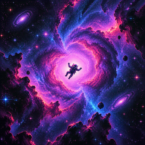 Seen from a distance, an astronaut is falling into a huge nebula. Center the astronaut in the nebula