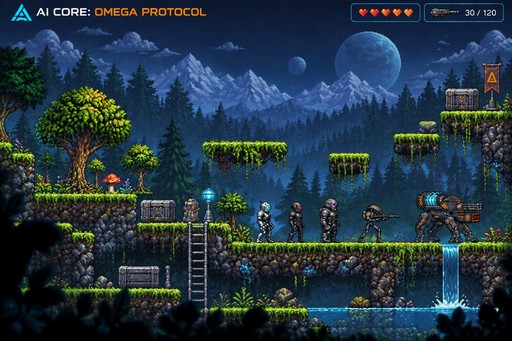 Pixel art game scene with armored figures, platforms, waterfall, and blue nighttime forest scenery