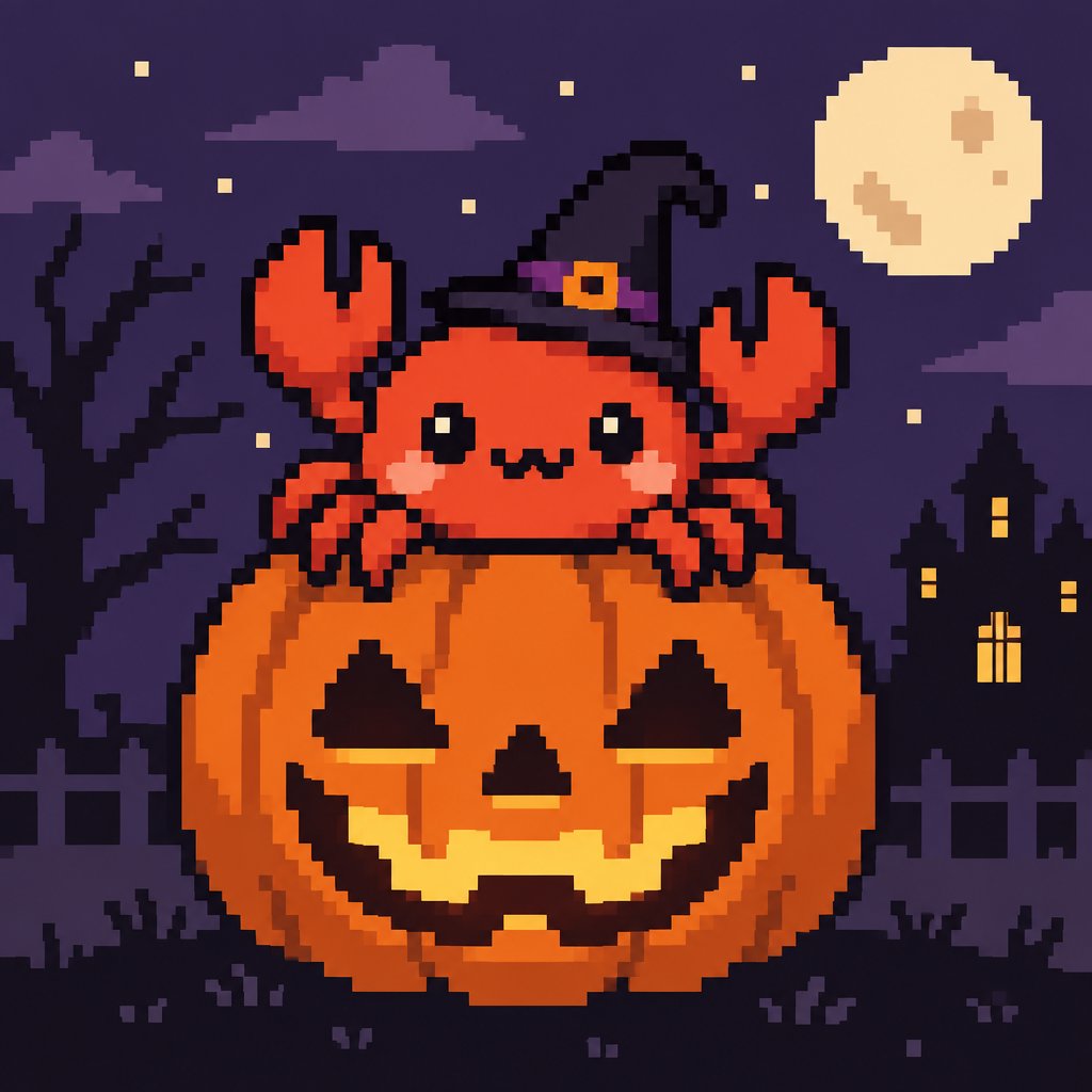 Spooky cute kawaii crab ontop of a jack-o’-lantern