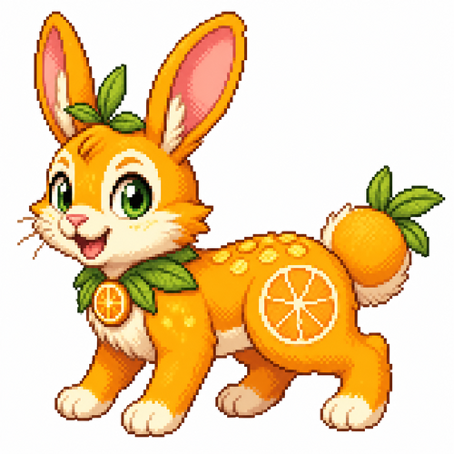 Cartoon citrus rabbit (quadruped), full body, white background