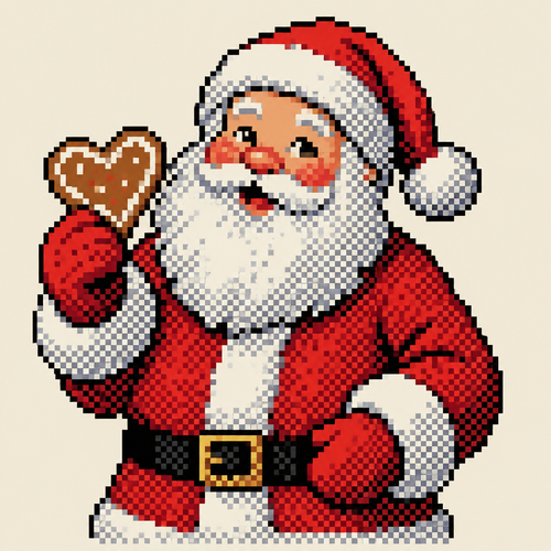 Santa holding a heart shaped cookie. Plain background