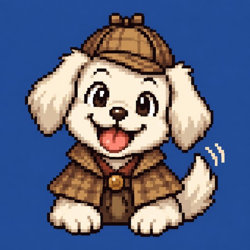 Create a 16-bit retro pixel art character sprite for a detective adventure game. A cute white puppy assistant with a big goofy smile, floppy ears and a wagging tail. Front-facing, waist-up pose, inspired by classic 16-bit console games. Crisp individual square pixels, limited colour palette, clean pixel clusters, simple shading and dark pixel outlines. No smooth gradients, no 3D rendering, no text. Keep the character centred on a plain background.