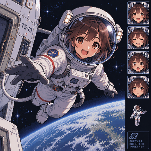 A young girl astronaut floats outside of her starship