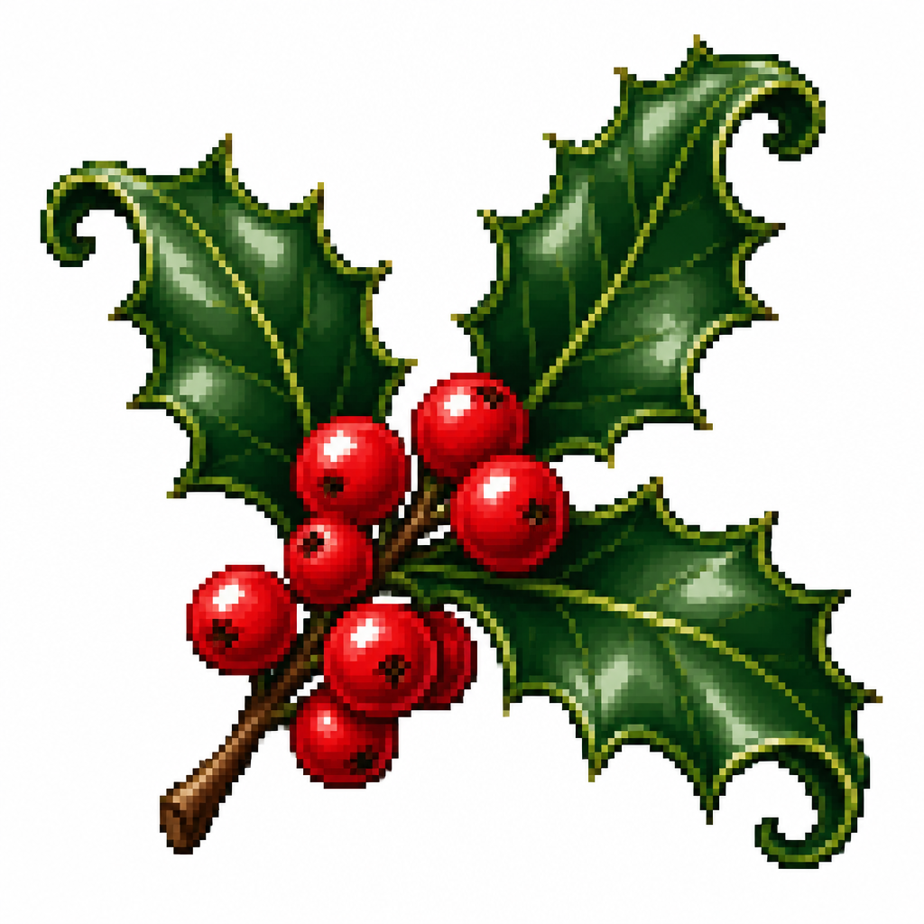A holly sprig with curled serrated leaves and glossy berry clusters. High contrast. White background