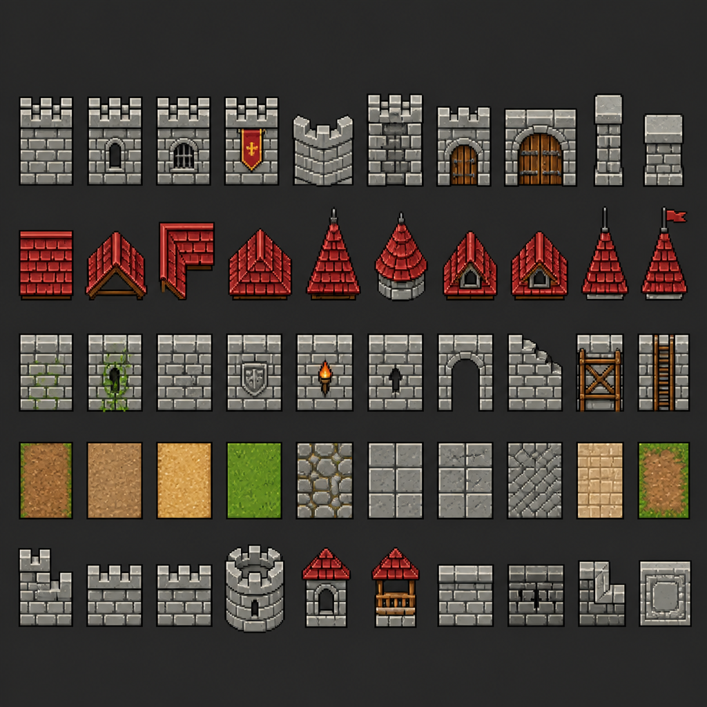 A 2d pixel art sprite sheet full of 50 assets evenly spaced in rows of 10 and columns of 5 evenly spaced 32x32 pixels. Completely squared corners. Clean crisp lines and sharp edges. Fully orthogonal. Let’s do castle walls and roofs, and pathways.