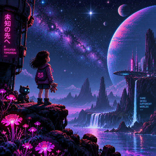 Little girl on an alien world looking up at stars hopefully