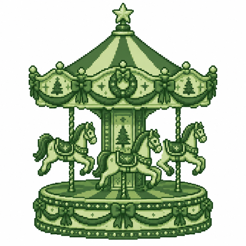A miniature Christmas carousel with carved horses and a detailed festive canopy. White background 