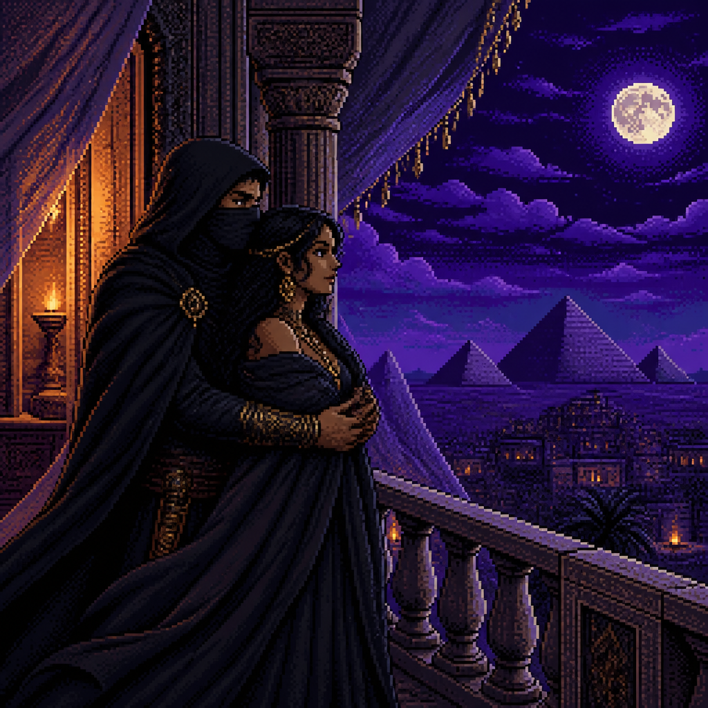 grand stone palace balcony at night, ornate carved columns, deep purple and indigo night sky with a full moon, distant pyramids silhouetted on the horizon, man in a long black hooded cloak with a simple black cloth wrap covering the lower half of his face, only his eyes visible, standing behind a woman wrapped in a flowing dark cloak, arms wrapped around her from behind, both gazing out at the desert, gold jewelry catching moonlight, sheer curtains billowing in the night breeze, cool purple and deep blue tones with warm torchlight from the room behind them, moody atmospheric lighting, 16-bit pixel art, dithered shading, limited color palette, hard pixel edges, retro game aesthetic, cinematic framing