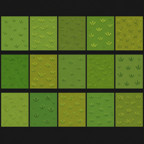 Seamless top-down floor texture of vibrant green town grass, pixel art, OSRS style, clean minimal shading, flat texture, repeating pattern --no grid lines, no perspective. 15 different styles and designs with different shades, all evenly spaced in rows of 3 with columns of 5, in pixels of 32x32 with crisp clean edges and lines