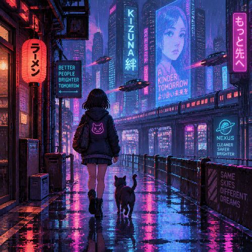 A young girl walks with a cat down a rain soaked street in a futuristic city