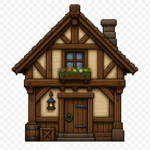 Can you generate me a fantasy style medieval 64x64 pixeled house front view on a completely transparent background. I want the house to be wooden with small wooden details. Maybe a flower box on the window