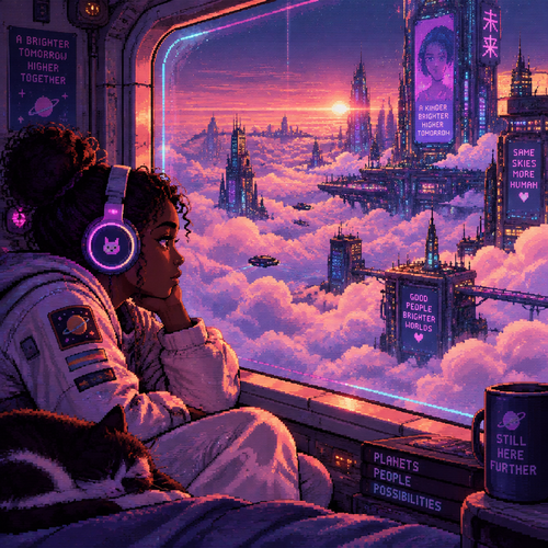 Young dark skin astronaut girl with headphones looks out her window at a city in the clouds. Lots of clouds.