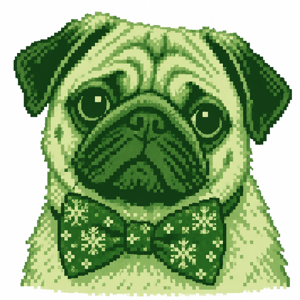 A close-up pug portrait wearing a textured Christmas bow tie. White background.