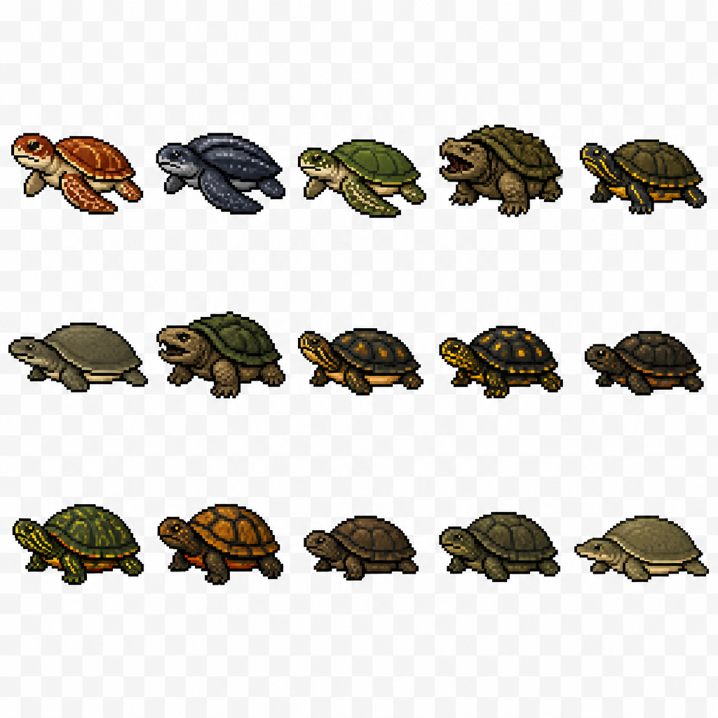 Create a 2D pixel art sprite sheet featuring 15 individual icons each exactly 32x32 pixels, arranged 5 horizontally and 3 vertically spaced evenly. Style: classic fantasy RPG, inspired by 16bit games, with crisp pixel art, clean outlines, subtle shading, and a cohesive color palette. Use a transparent background. Each Icon should be centered within its 32x32 canvas and remain highly readable at small sizes.
The 15 icons are:
1: Loggerhead Sea Turtle
2: Leatherback Sea Turtle
3: Green Sea Turtle
4: Alligator Snapping Turtle
5: Central American River Turtle
6: Yangtze Giant Softshell Turtle
7: Common Snapping Turtle
8: Arrau River Turtle
9: Spotted Turtle
10: Bog Turtle
11: Map Turtle
12: Wood Turtle
13: Musk Turtle
14: Mud Turtle
15: Asian Giant Softshell Turtle
Requirements:
• Each icon must be exactly 32x32 pixels.
• All based off of real life variants.
• All facing sideways so you see the side of their bodies.
• Output as a sprite sheet with each icon occupying its own 32x32 cell** DO NOT GO OUT PAST THESE PARAMETERs**
• Transparent background.
• No text, labels, borders, or UI elements.
• Consistent Fantasy RPG Aesthetic across all icons.
• High contrast and excellent readability for use in a game interface.
• Clean polished pixel art with enough detail for low resolution sprites.
• Avoid anti-aliasing, blurring, or painterly effects; preserve a true pixel art appearance.