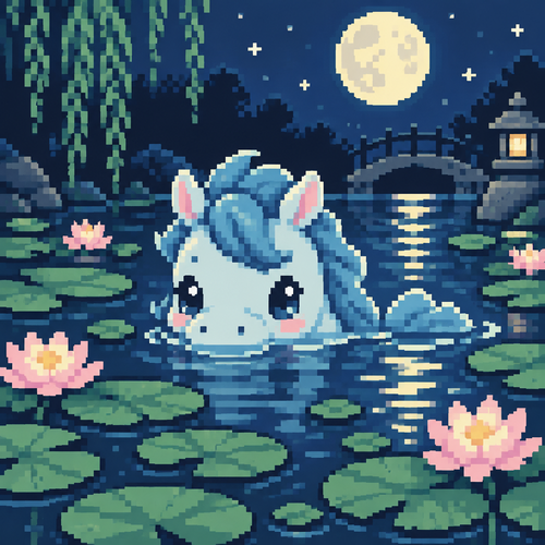 
Cute Kawaii, sweet spec, water horse peeking from a moonlight pond filled with lily pads