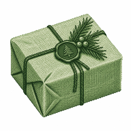 White background. Realistic linen-wrapped Christmas parcel with visible folds and a wax-sealed tie. 
