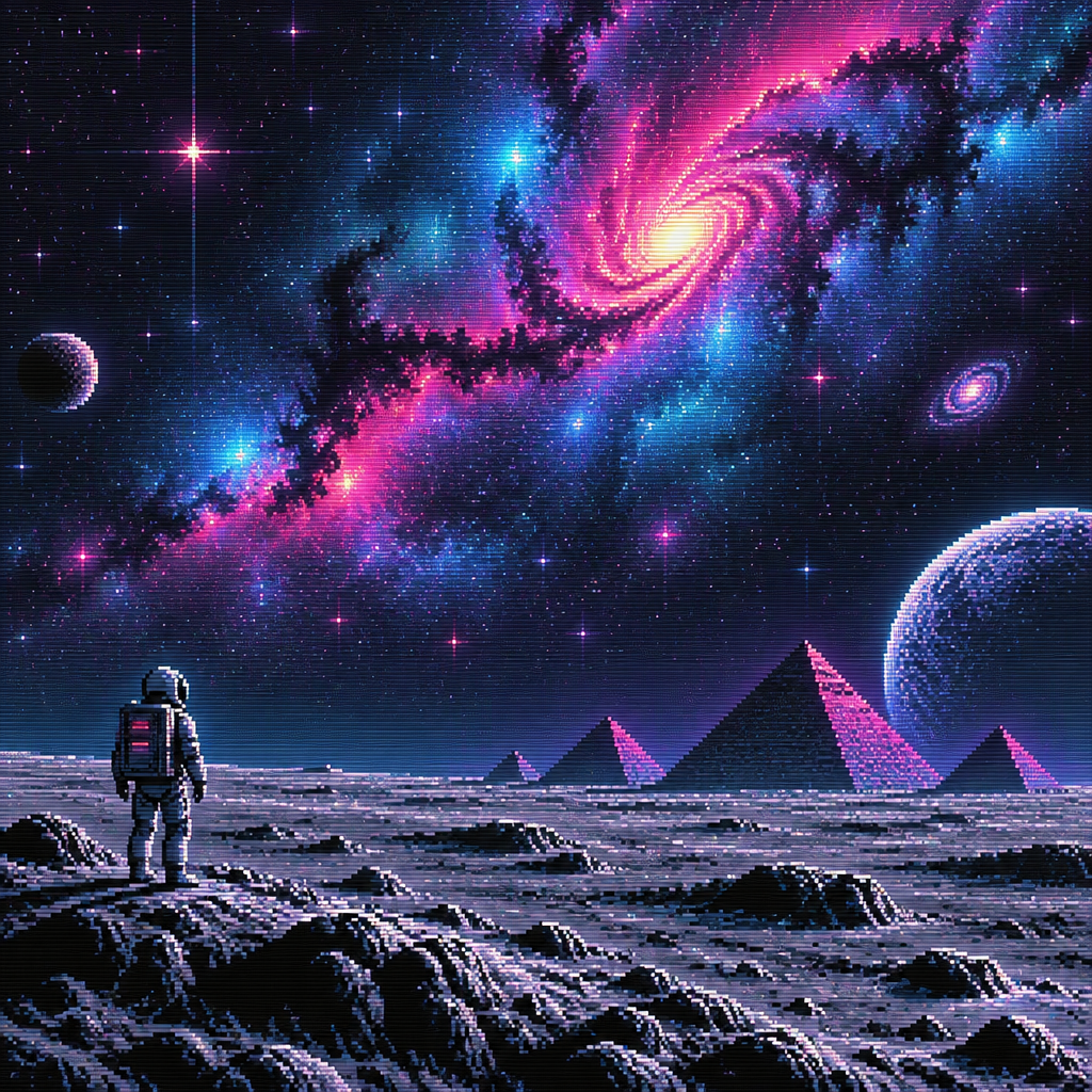 Seen from a great distance, an astronaut on the moon looks up at stars and nebulas in the sky above. Pyramids are seen in the distance on the moon