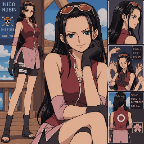 Nico robin  de one piece con la ropa sakura haruno del anime deNaruto 