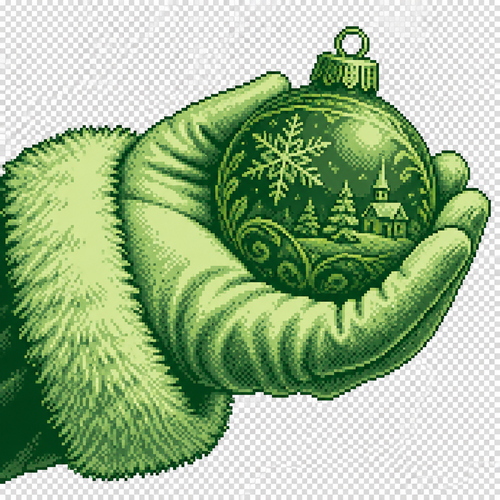 photorealistic  close-up of Santa’s gloved hand cradling one engraved Christmas bauble. No background 