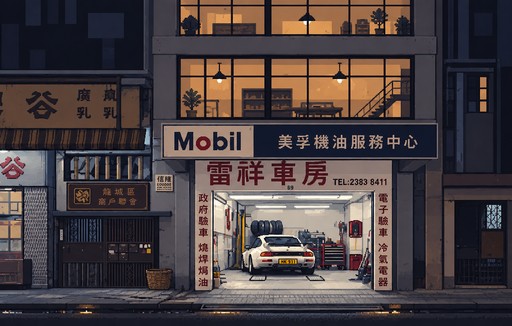 Pixel art of a taxi entering a brightly lit garage beneath a Mobil sign at dusk.