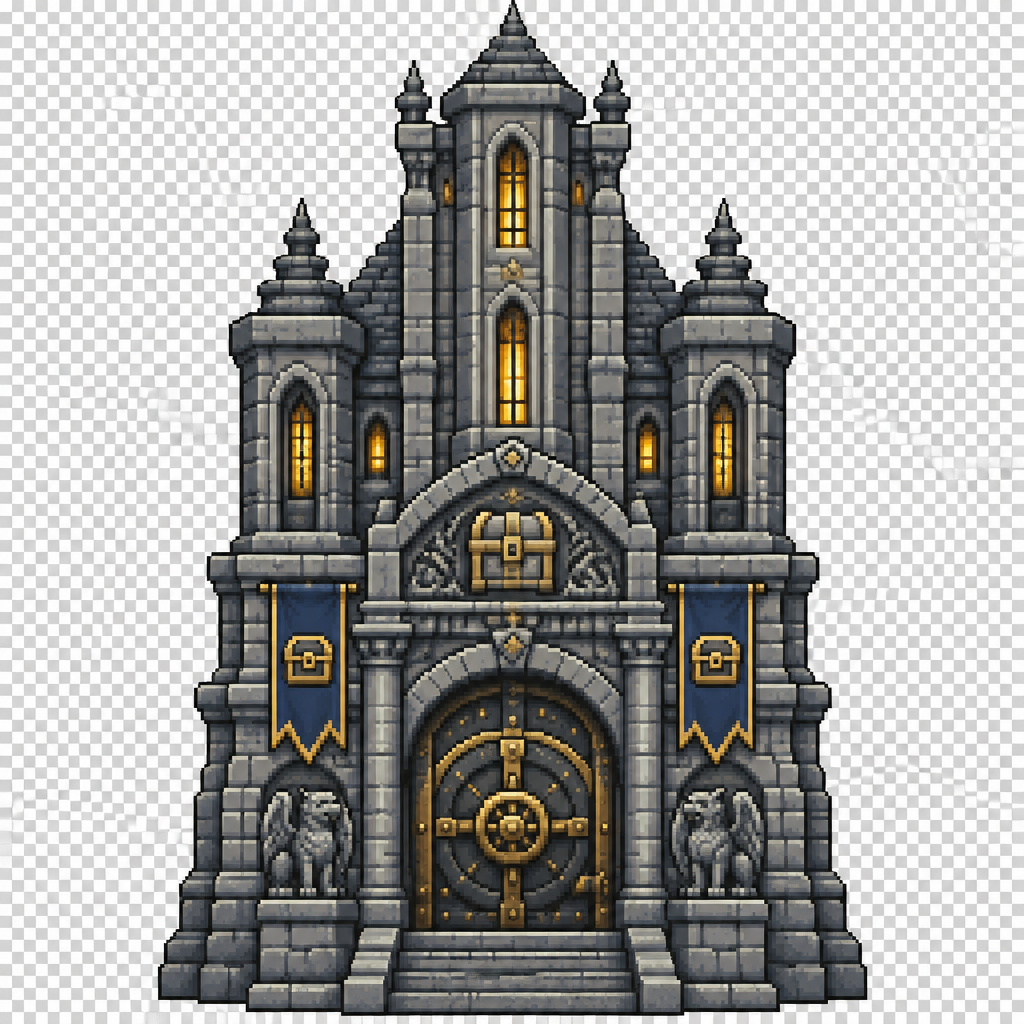 Can you generate me a fantasy style medieval 64x64 pixeled vault/bank style building that stores all the players items, in a front view on a completely transparent background. I want the building to be fully stone and be tall.