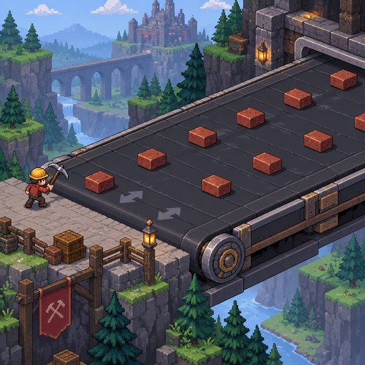 This image will be shown in isometric view. There is a giant exercise treadmill, with bricks on the treadmill. There is a character standing at the end of the treadmill, on the ground, not on it. The bricks on the treadmill are slowly coming towards the character. The character is holding a pick-axe, and will be swinging at the bricks as they come towards him. The character is on the left hand side of the screen. The treadmill is very wide. The perspective is true isometric.