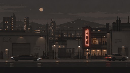 - use a warm grey color palette
- show a street scene, flat perspective (the road is only running horizontally)
- night time
- show a city street with some rolling hills visible in the background
- some warehouses, and a bar with a neon sign
- make the cars in the scene futuristic looking