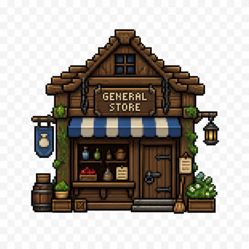 Can you generate me a fantasy style medieval 64x64 pixeled general shop front view on a completely transparent background. I want the store to be wooden with small wooden details. Add some decorations around the outside.