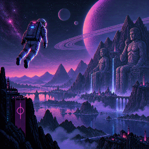Astronaut floats above alien mountains with statues carved in them from a distance