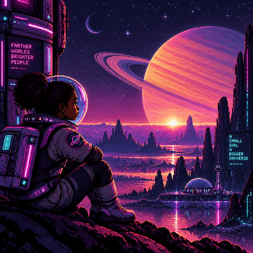 Young girl astronaut with dark skin is watching saturn rise on an alien world