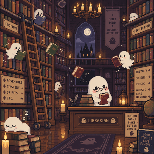 Cute kawaii ghost library with floating books, rolling ladders, candles and a shy ghost librarian 