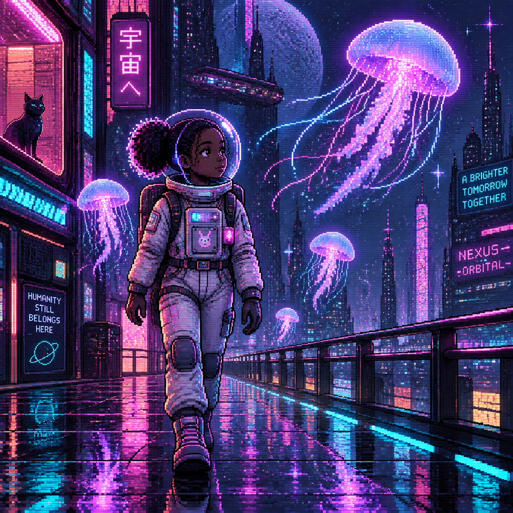 Young girl astronaut with dark skin is walking with floating jellyfish