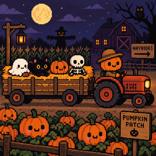 Spooky, cute Kawaii pumpkin patch hayride