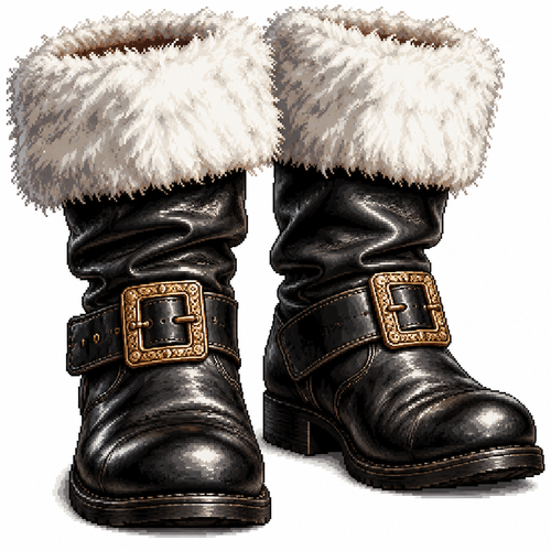 Realistic, image of just santa clause’s leather boots, with creases ornate buckles, and fluffy cuffs. High contrast on a white background 