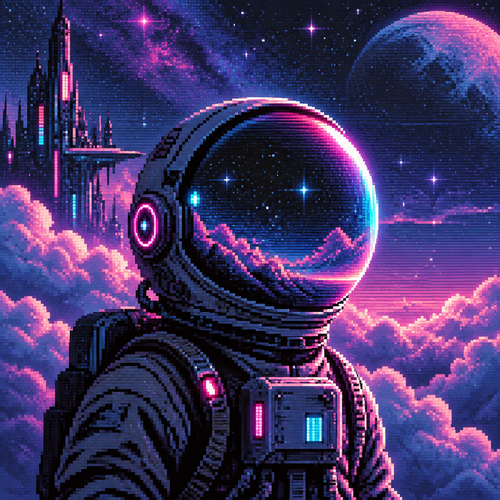 faceless astronaut with a large bubble helmet in front of clouds and stars.