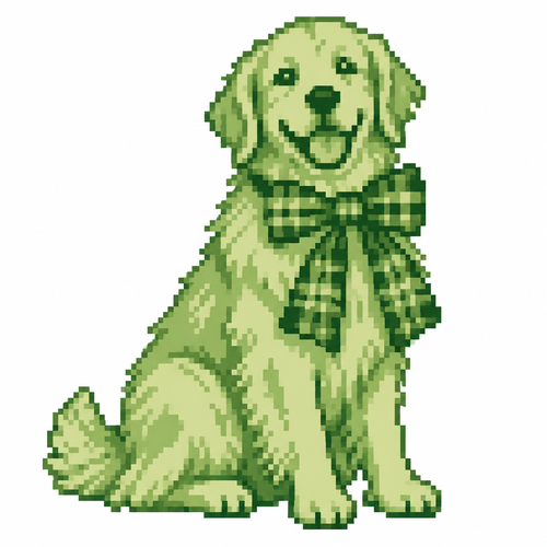 A golden retriever sitting with a large tartan ribbon around its neck. White background.