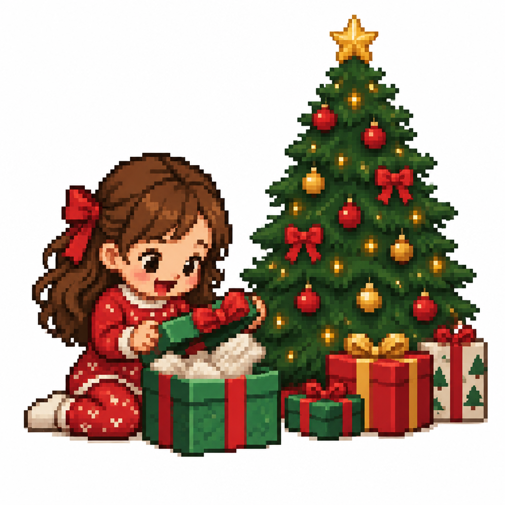 Little girl opening Christmas gifts next to a Christmas tree. White background