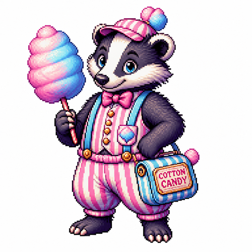 Cartoon cotton candy badger, full body, white background