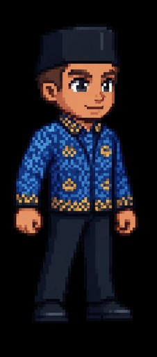 Pixel art person wearing a blue patterned jacket and dark pants.