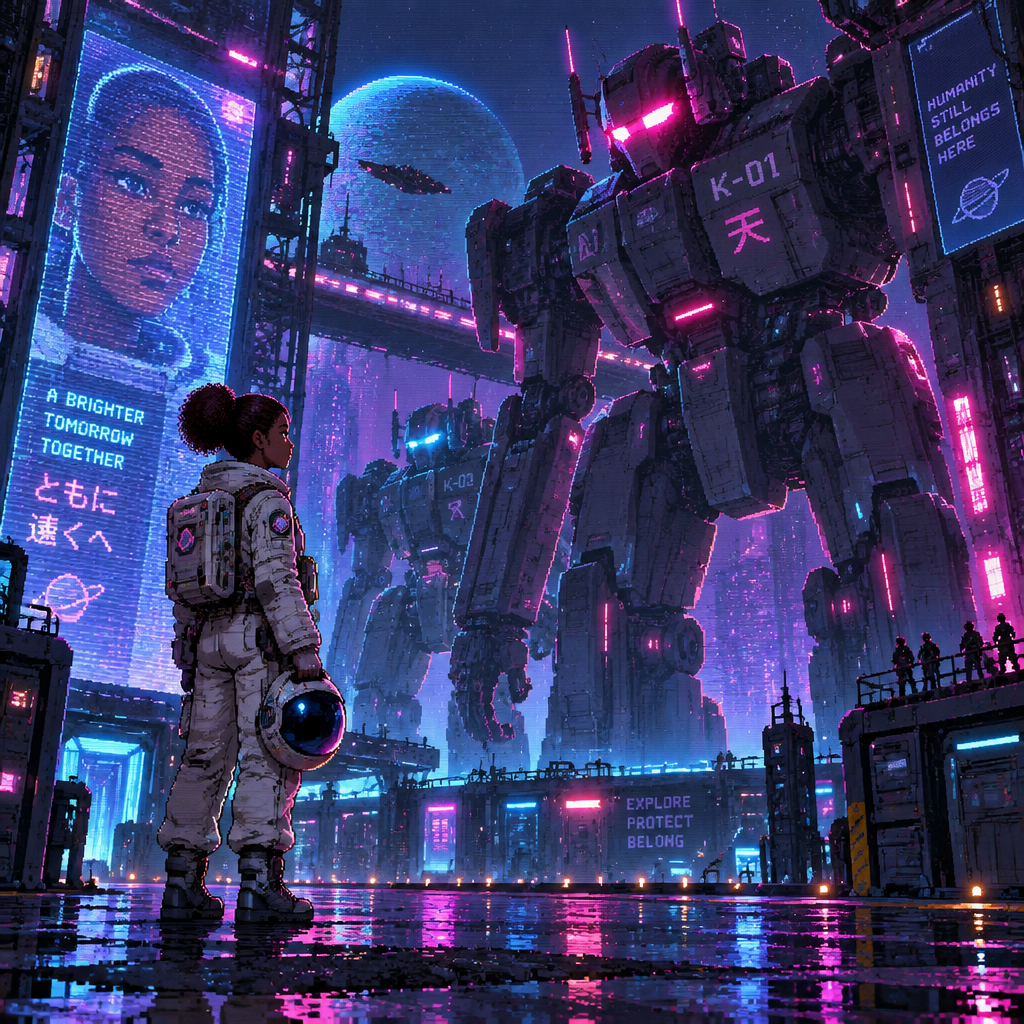 A young girl astronaut with dark skin faces giant robots with calm