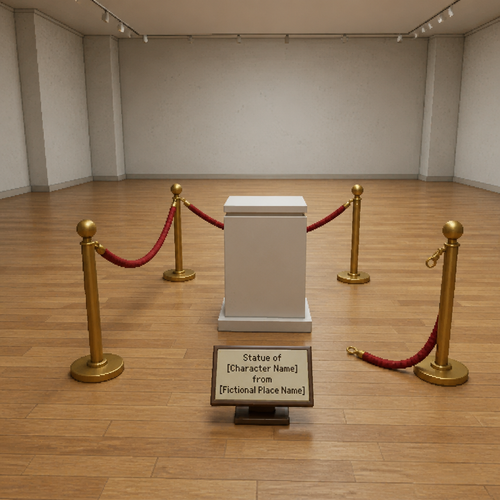 The filming environment is unpolished and unprofessional. This is a screenshot taken from a 3-hour-and-42-minute video exploring approximately 20 different rooms. There are no dates, timestamps, recording indicators, or other on-screen UI elements visible. The camera subtly shakes and moves along the X, Y, and Z axes.

An empty, unmanned museum with a bright, softly colored wooden floor and white concrete walls. In the center of the room stands a bare ceramic pedestal with nothing displayed on top. The pedestal is surrounded by four gold-colored stanchions connected by red velvet ropes. At one point, the rope has been torn loose from one of the stanchions, leaving a visibly broken section.

There are no artworks or exhibits anywhere in the museum other than the empty pedestal. In front of the pedestal is a small artwork title plaque bearing the title: “Statue of [Character Name] from [Fictional Place Name].”