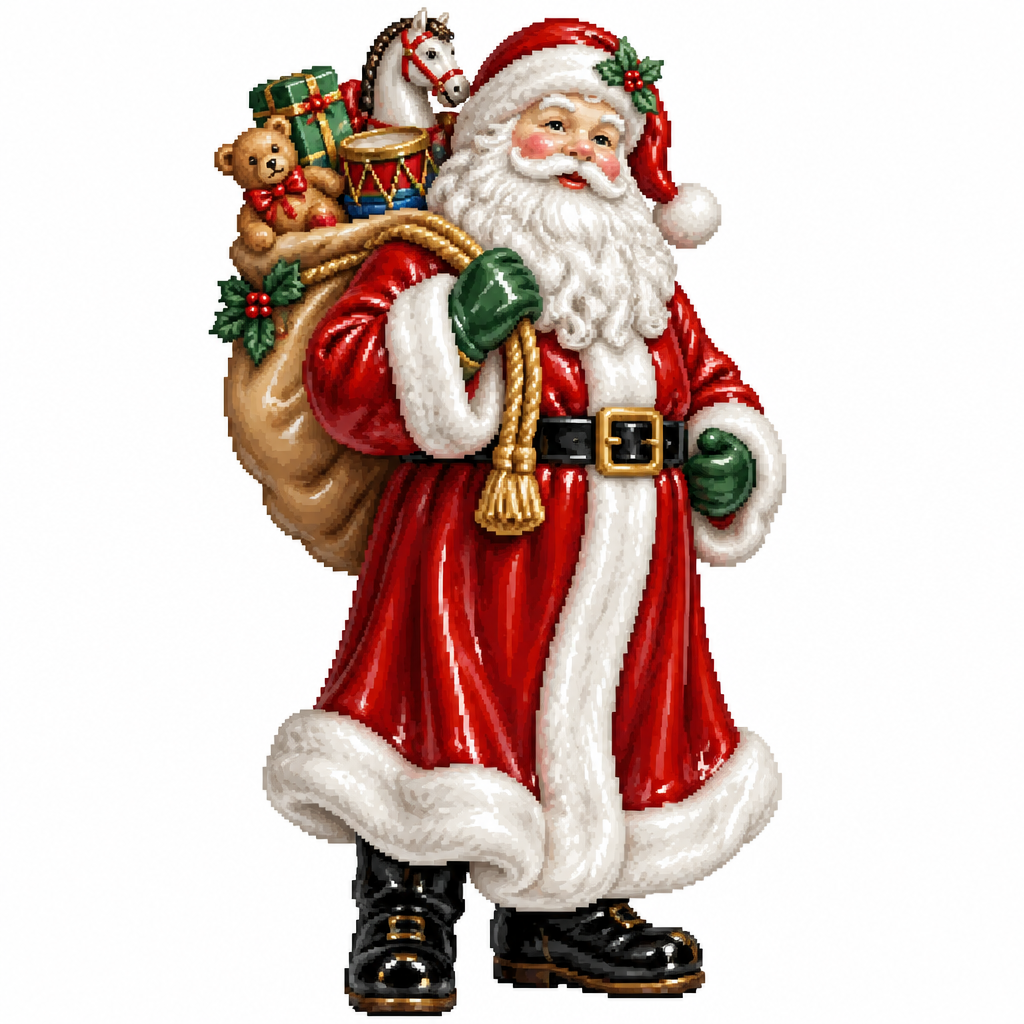 High contrast image on a white background of a porcelain Santa, figuring with sculpted, coat folds, and a detailed toy sack