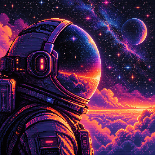 close-up profile of a faceless astronaut with a bubble helmet in front of clouds and stars. Colors are orange, pinks, blues and purples add more stars in background