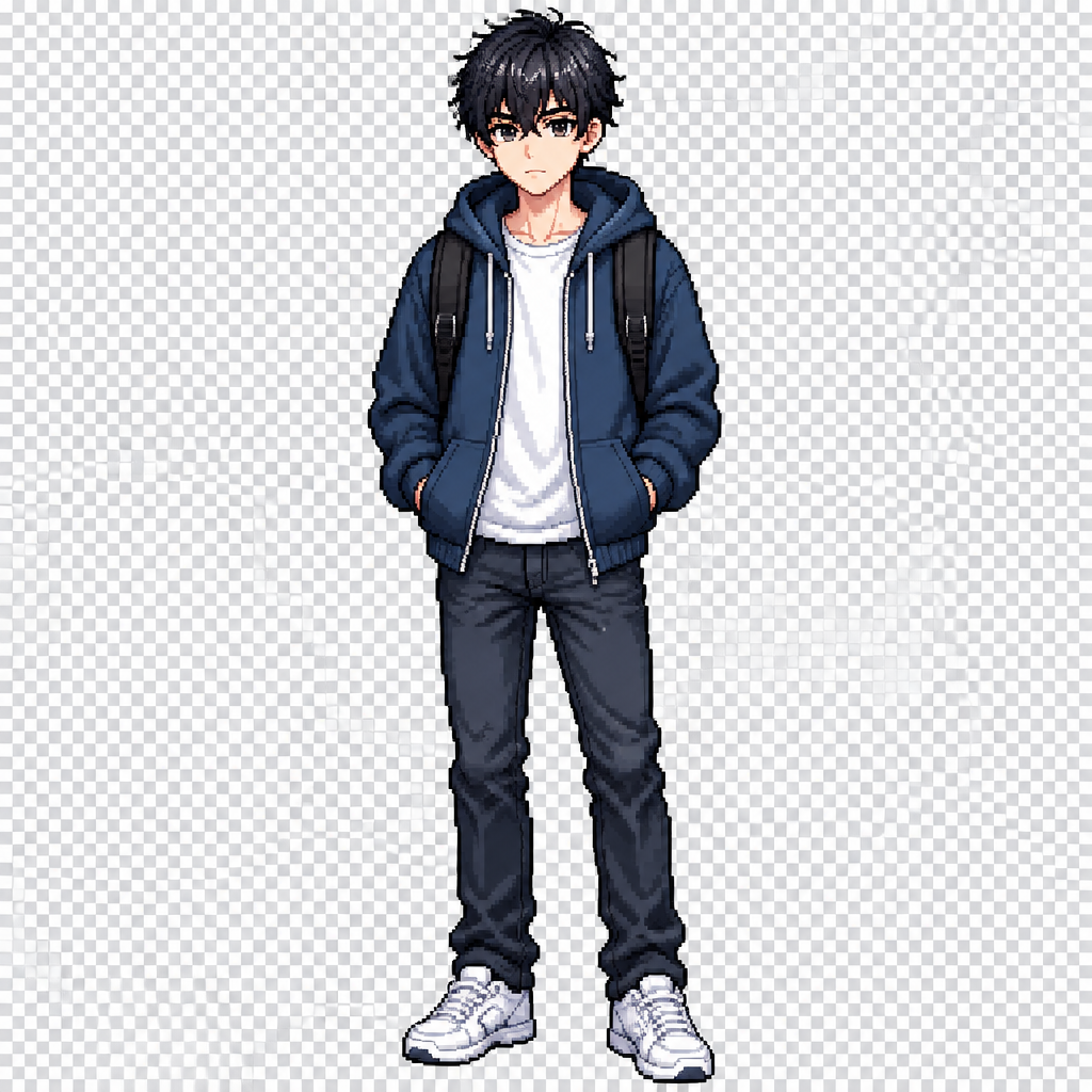 Full body 2D pixel art game character of a 17-year-old male high school student. Short slightly messy black hair, navy blue hoodie over a white t-shirt, dark jeans, white sneakers and a simple black backpack. Normal slim teenage proportions, calm slightly serious expression. Modern high school student, grounded realistic appearance, detailed 32-bit pixel art style, standing idle, front view, centered character, transparent background, game sprite, no text, no scenery.
