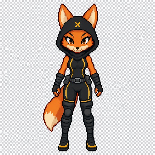 Create a single 2D pixel art character sprite for a top-down RPG game.

Character: Diane Foxington (from The Bad Guys) as the Crimson Paw.
Appearance: Anthropomorphic female fox with orange fur. She is wearing a black, tight-fitting ninja stealth suit. The suit has thin yellow stripes on the sides and a small yellow "X" stitched in the middle of the hood. She wears black arm-wrap bracers, a black utility belt with a thin buckle, and over-the-knee black bandage-wrap boots with yellow accents above the soles.

Pose: Standing straight, facing directly forward (towards the viewer). Neutral, ready stance. Arms relaxed at her sides. Full body visible from head to toe.

Technical Specifications:
- Canvas size: 64x64 pixels.
- Transparent background.
- Clean pixel art style, limited color palette, sharp pixel clusters.
- No anti-aliasing, no blurring, no painterly effects.
- Clear, readable silhouette.
- No text, no labels, no borders, no background elements, no shadows.
