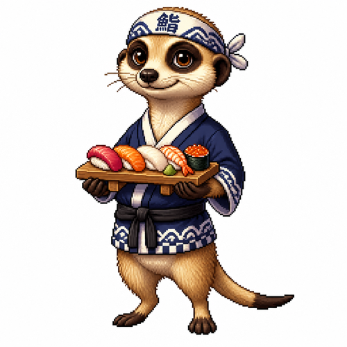 Cartoon sushi meerkat, full body, white background