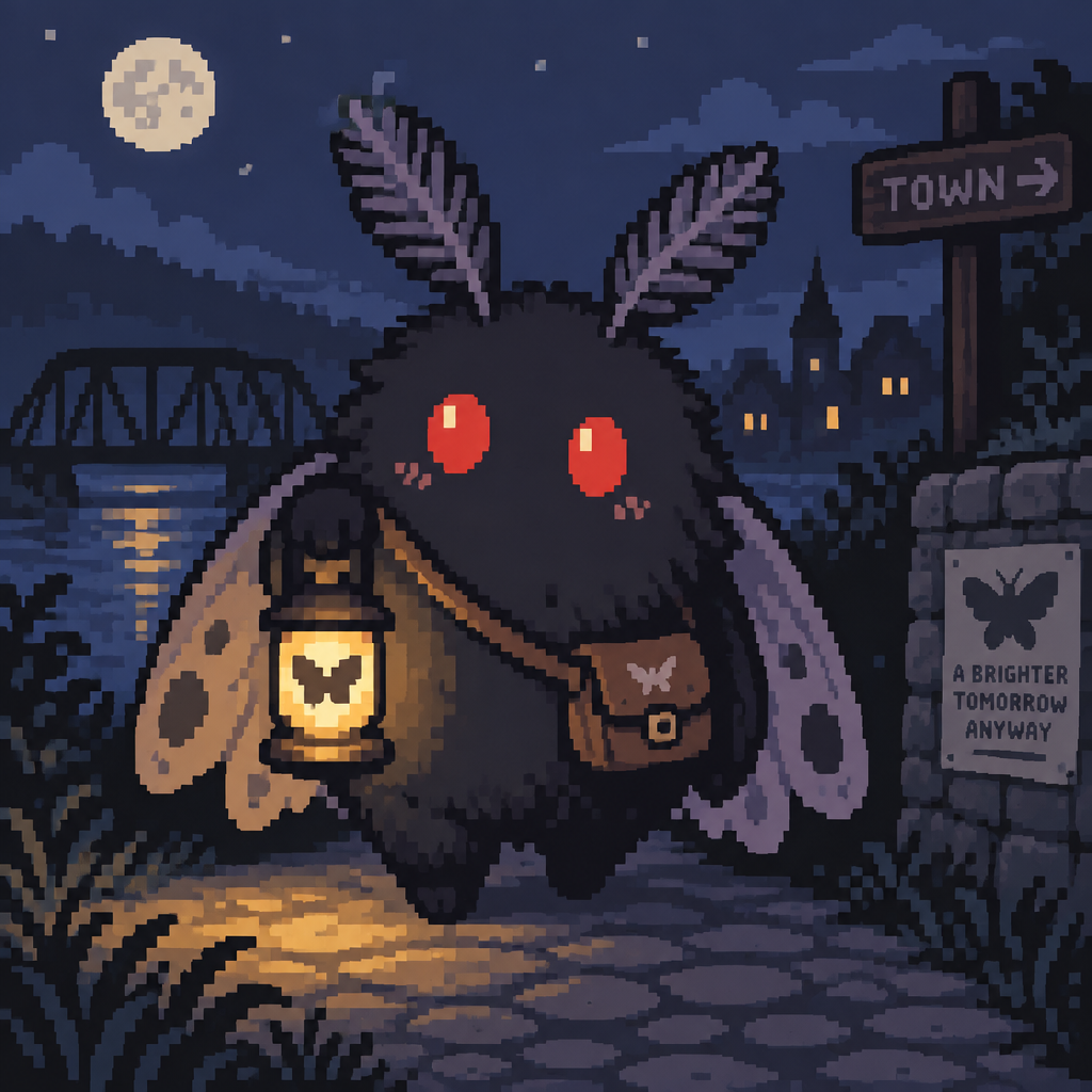Cute spooky Kawaii of a round fuzzy moth man carrying a glowing lantern and tiny messenger bag