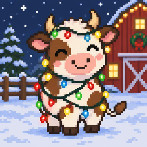 Cute fury cow smiling while wrapped in Christmas lights