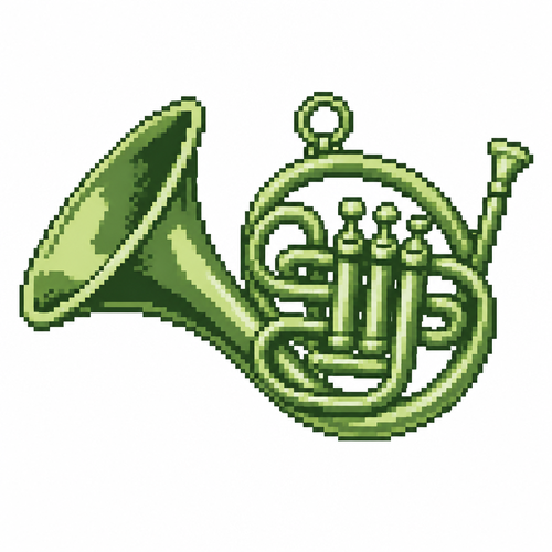 A miniature brass French-horn ornament with detailed valves and curved tubing. White background 