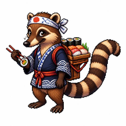 Cartoon sushi coatimundi, full body, white background